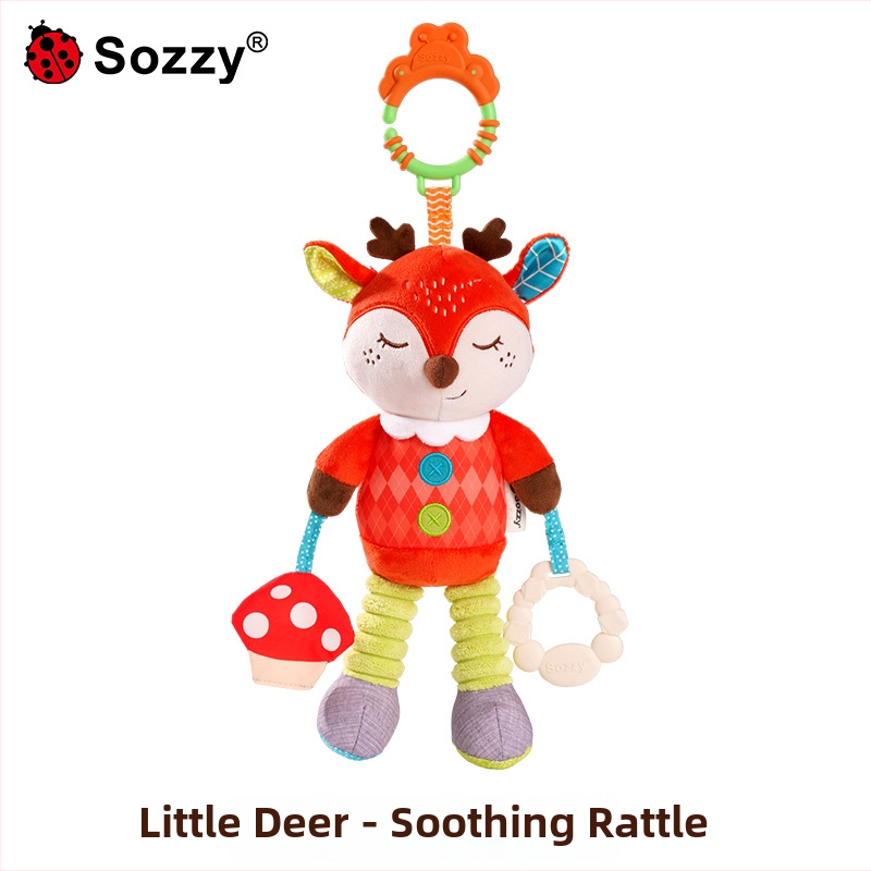 Sozzy naujagimio vežimėlio pakabintas pūkuotas žaislas – raminantis, skatina vystymąsi (emocijos, rega, rankos-akių koordinacija), 0-3 metų