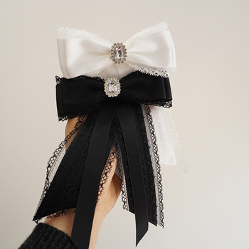 Fundă pentru guler cu dantelă, broșă cu diamant, clips pentru guler — femei, stil coreean, finisaj satin, model monocrom, material țesătură