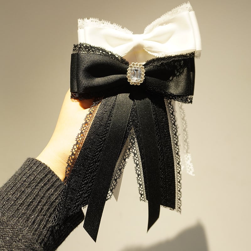 Fundă pentru guler cu dantelă, broșă cu diamant, clips pentru guler — femei, stil coreean, finisaj satin, model monocrom, material țesătură