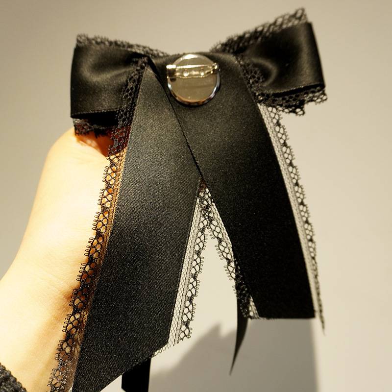 Fundă pentru guler cu dantelă, broșă cu diamant, clips pentru guler — femei, stil coreean, finisaj satin, model monocrom, material țesătură