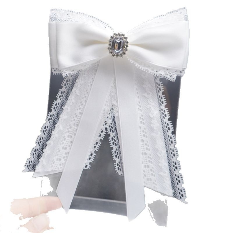 Fundă pentru guler cu dantelă, broșă cu diamant, clips pentru guler — femei, stil coreean, finisaj satin, model monocrom, material țesătură