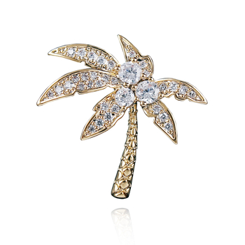 Broșă din cupru – frunze de cocos, zircon micro-incrustat, design elegant, accesoriu unisex cadou