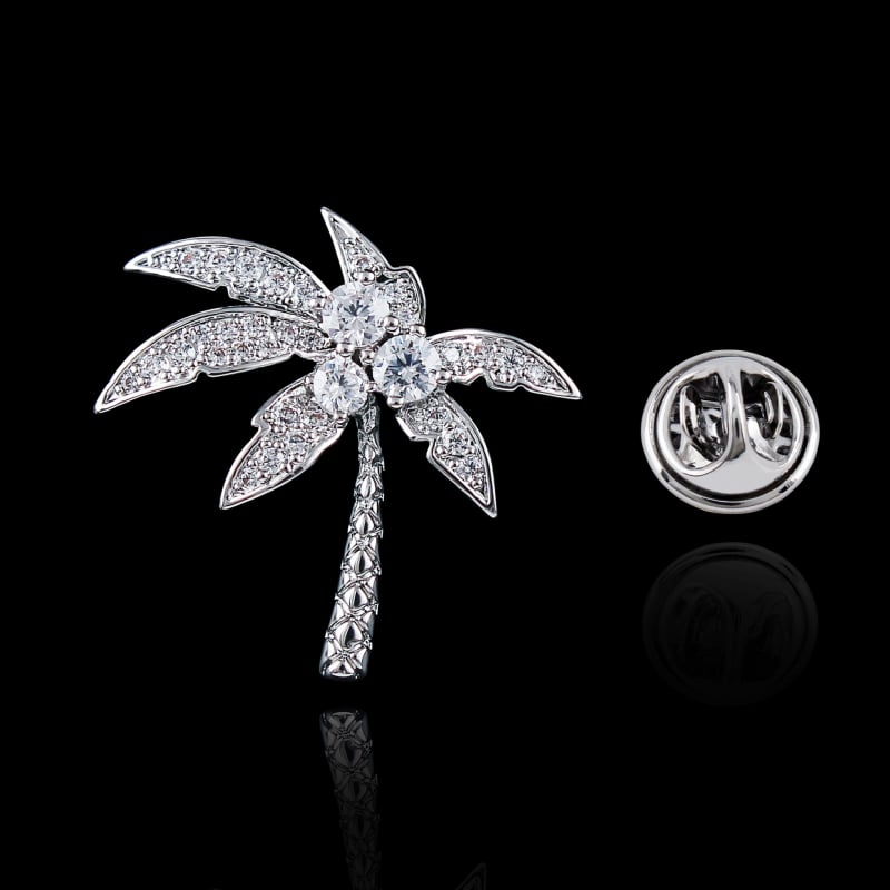 Broșă din cupru – frunze de cocos, zircon micro-incrustat, design elegant, accesoriu unisex cadou
