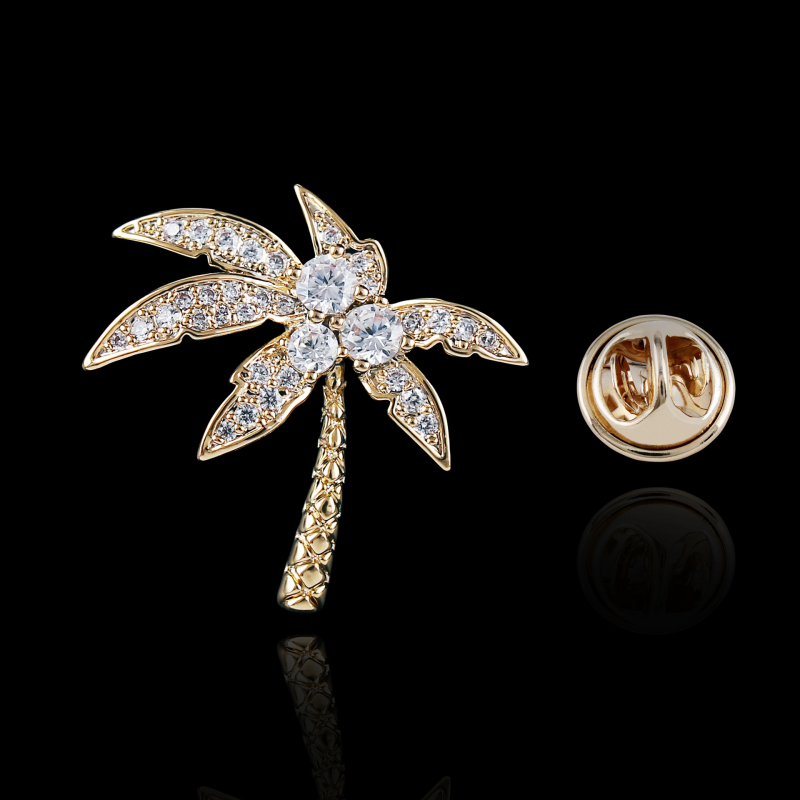 Broșă din cupru – frunze de cocos, zircon micro-incrustat, design elegant, accesoriu unisex cadou