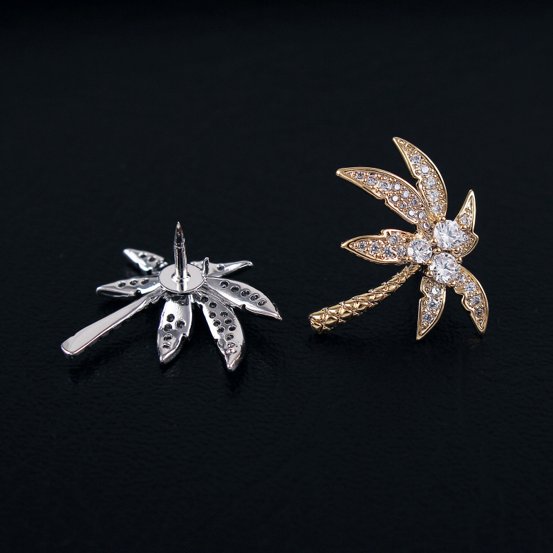 Broșă din cupru – frunze de cocos, zircon micro-incrustat, design elegant, accesoriu unisex cadou