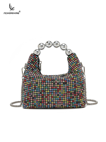 PU clutch torba s kristalima i lancem — večernja crossbody, King Diamond kristali