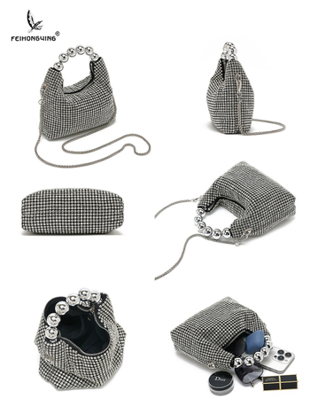 PU clutch torba s kristalima i lancem — večernja crossbody, King Diamond kristali