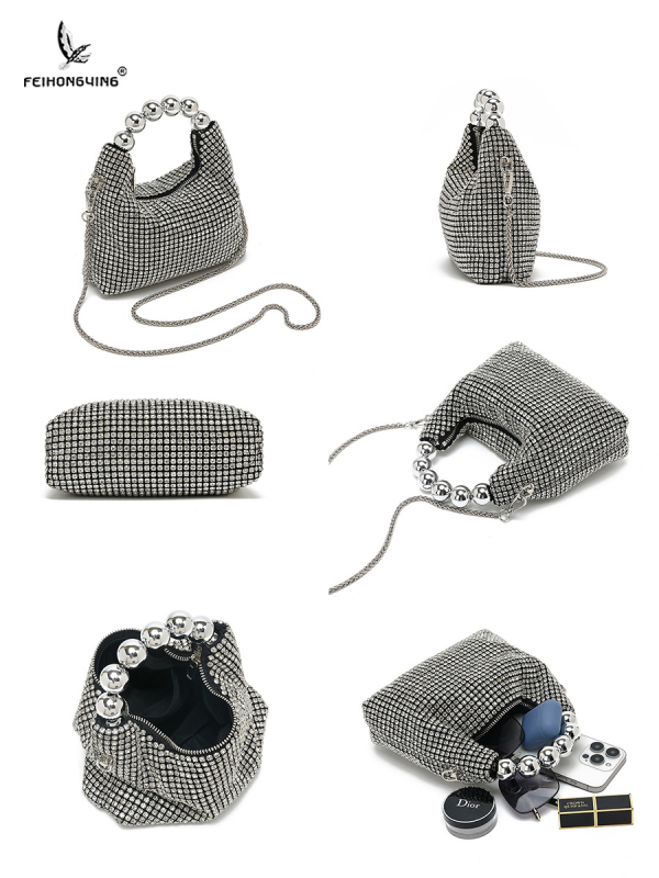 PU clutch torba s kristalima i lancem — večernja crossbody, King Diamond kristali