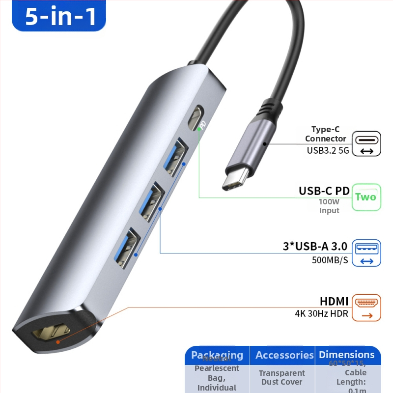 5-in-1 USB-C hub s 4K HDMI, PD100W nabíjanie a 5 Gbps prenos dát