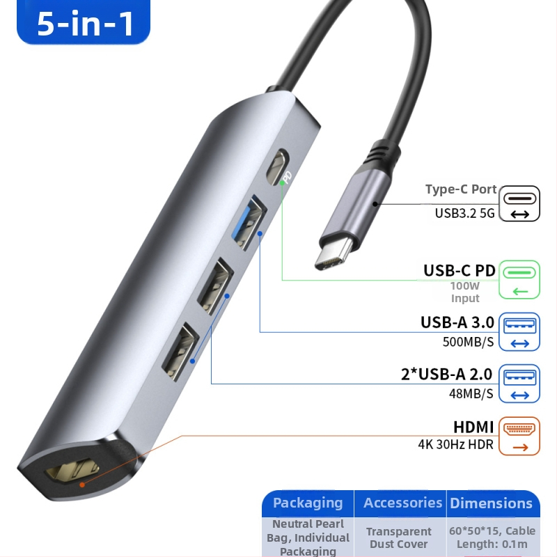 5-in-1 USB-C hub s 4K HDMI, PD100W nabíjanie a 5 Gbps prenos dát