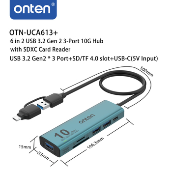 USB hub a rozširovací dok, 10Gbps, USB 3.2 Gen2, model UCA613+, 50 cm kábel