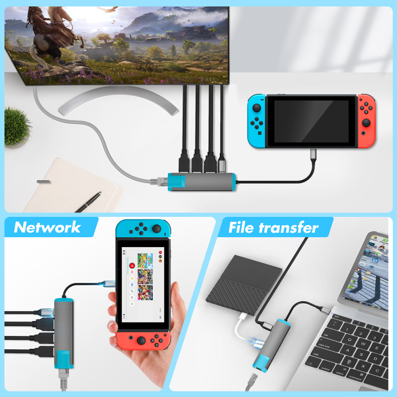 Stație docking cu USB hub și port Ethernet gigabit – interfață USB-C, 10 Gbps, alimentare externă, cablu de 25 cm, 1–3 porturi de ramificație