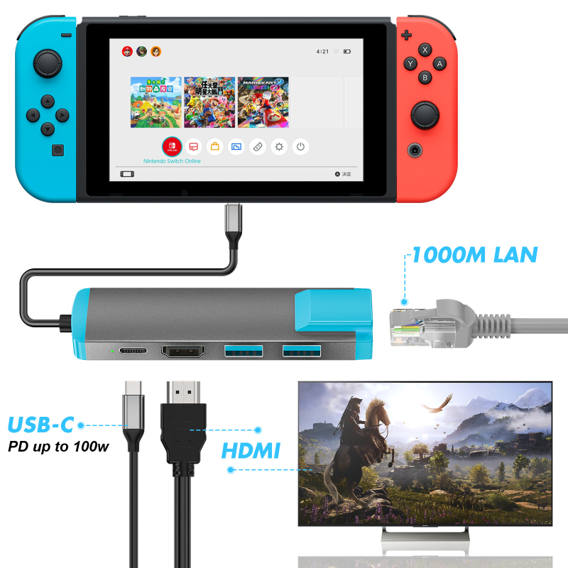 Stație docking cu USB hub și port Ethernet gigabit – interfață USB-C, 10 Gbps, alimentare externă, cablu de 25 cm, 1–3 porturi de ramificație