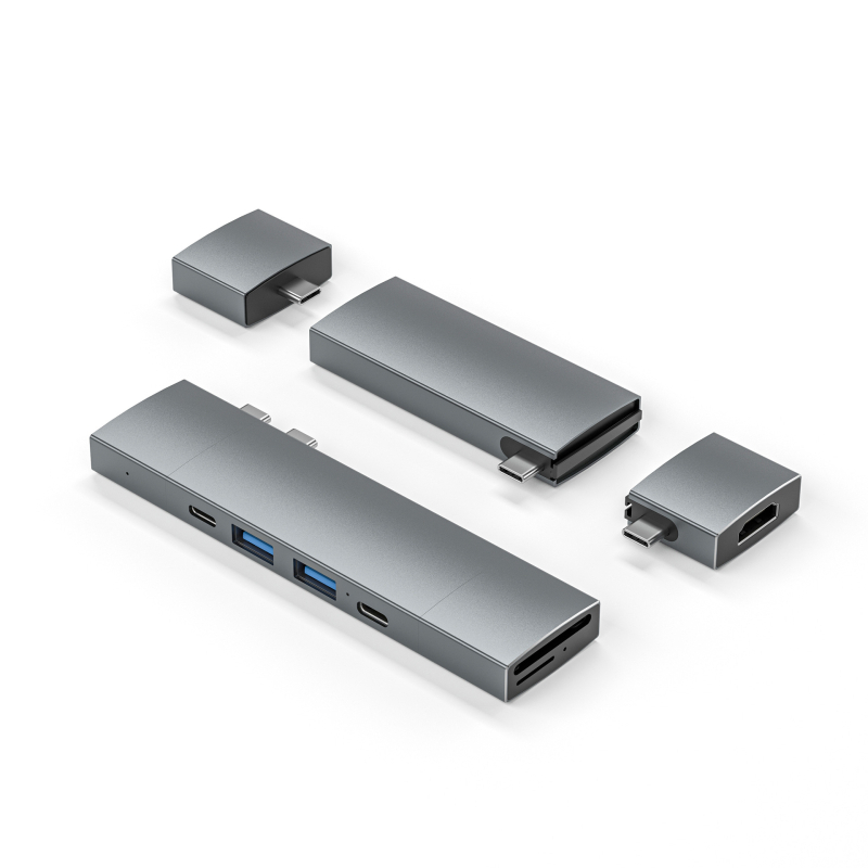 Διπλός USB-C σταθμός USB-C με αρθρωτό σχεδιασμό τριών τμημάτων, CK-00406A, 5Gbps, USB-C HUB, χωρίς εξωτερική τροφοδοσία