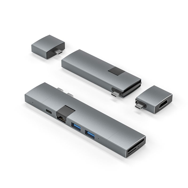 Διπλός USB-C σταθμός USB-C με αρθρωτό σχεδιασμό τριών τμημάτων, CK-00406A, 5Gbps, USB-C HUB, χωρίς εξωτερική τροφοδοσία