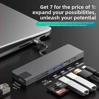 Type-C 7-v-1 dokovacia stanica pre počítač, USB-C rozhranie, 5 Gbps prenos, Gigabit Ethernet, PD100 rýchle nabíjanie, CNC hliníkové puzdro