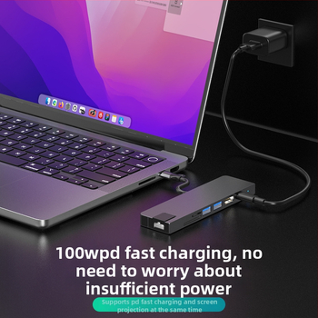 Type-C 7-v-1 dokovacia stanica pre počítač, USB-C rozhranie, 5 Gbps prenos, Gigabit Ethernet, PD100 rýchle nabíjanie, CNC hliníkové puzdro