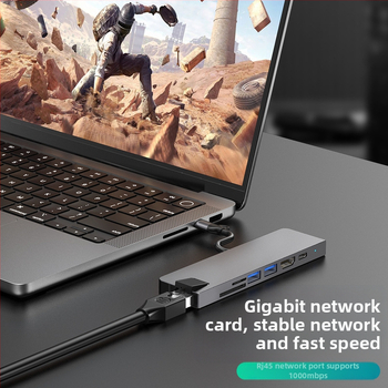 Type-C 7-v-1 dokovacia stanica pre počítač, USB-C rozhranie, 5 Gbps prenos, Gigabit Ethernet, PD100 rýchle nabíjanie, CNC hliníkové puzdro