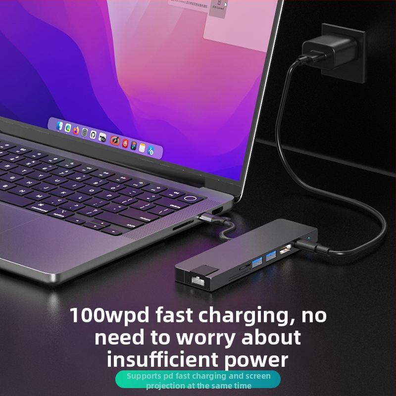 Type-C 7-v-1 dokovacia stanica pre počítač, USB-C rozhranie, 5 Gbps prenos, Gigabit Ethernet, PD100 rýchle nabíjanie, CNC hliníkové puzdro