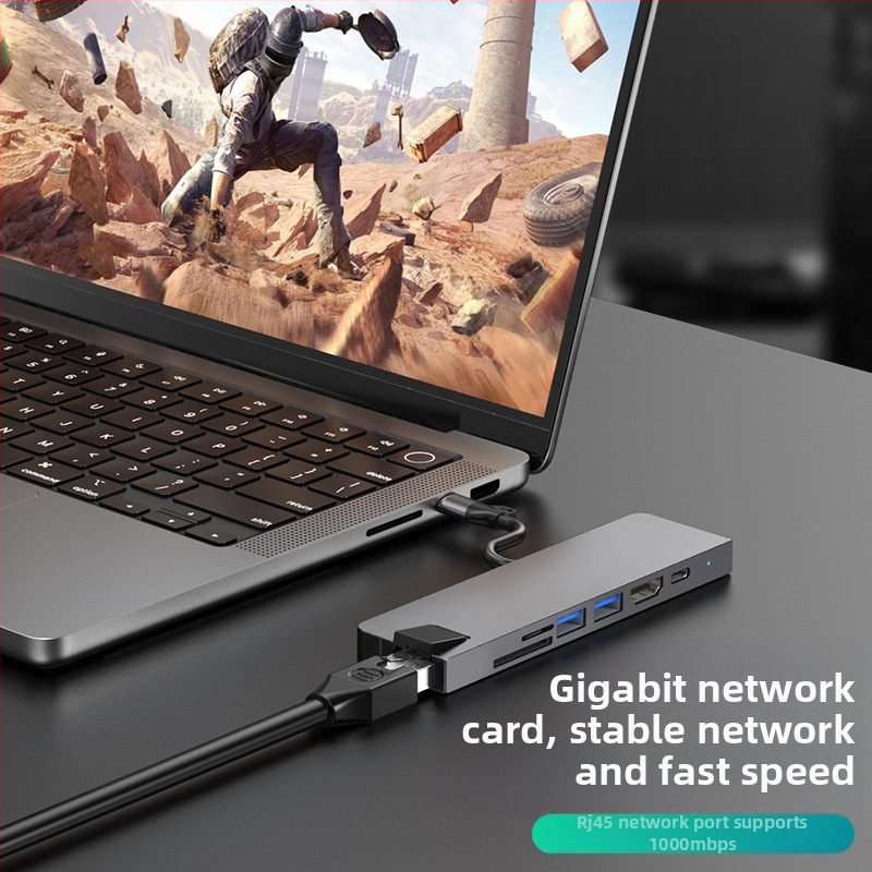 Type-C 7-v-1 dokovacia stanica pre počítač, USB-C rozhranie, 5 Gbps prenos, Gigabit Ethernet, PD100 rýchle nabíjanie, CNC hliníkové puzdro