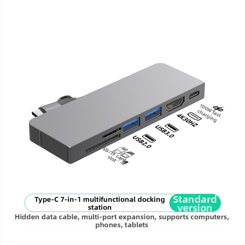 Type-C 7-v-1 dokovacia stanica pre počítač, USB-C rozhranie, 5 Gbps prenos, Gigabit Ethernet, PD100 rýchle nabíjanie, CNC hliníkové puzdro