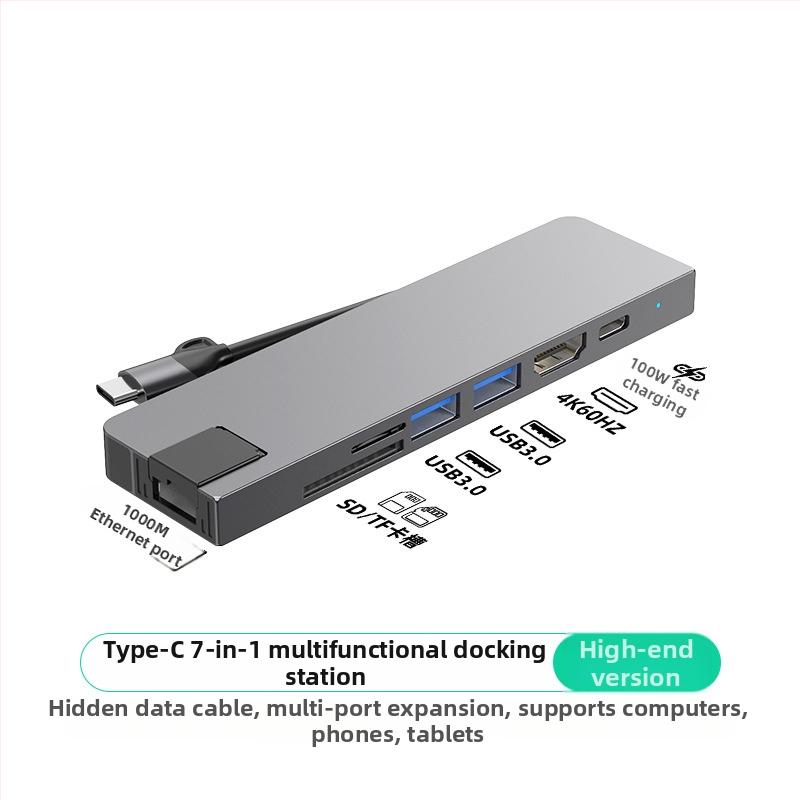 Type-C 7-v-1 dokovacia stanica pre počítač, USB-C rozhranie, 5 Gbps prenos, Gigabit Ethernet, PD100 rýchle nabíjanie, CNC hliníkové puzdro