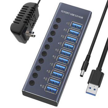 10-portni USB 3.0 hub s nezavisnim prekidačem, vanjsko napajanje, brzina prijenosa 5 Gbps, kabel duljine 1,5 m