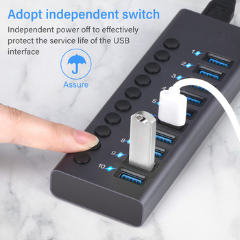 10-portni USB 3.0 hub s nezavisnim prekidačem, vanjsko napajanje, brzina prijenosa 5 Gbps, kabel duljine 1,5 m