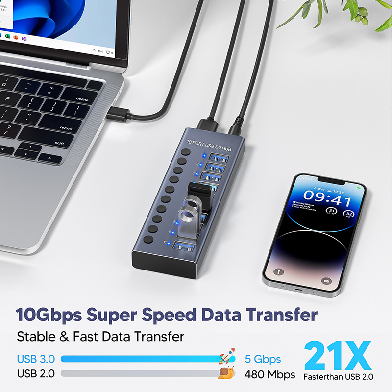 10-portni USB 3.0 hub s nezavisnim prekidačem, vanjsko napajanje, brzina prijenosa 5 Gbps, kabel duljine 1,5 m