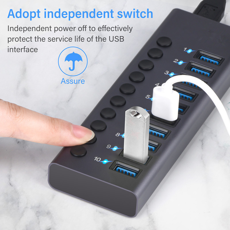 10-portni USB 3.0 hub s nezavisnim prekidačem, vanjsko napajanje, brzina prijenosa 5 Gbps, kabel duljine 1,5 m