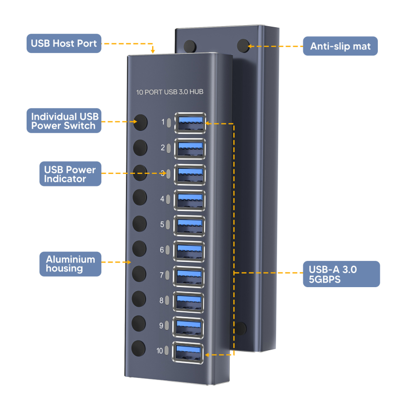 10-portni USB 3.0 hub s nezavisnim prekidačem, vanjsko napajanje, brzina prijenosa 5 Gbps, kabel duljine 1,5 m
