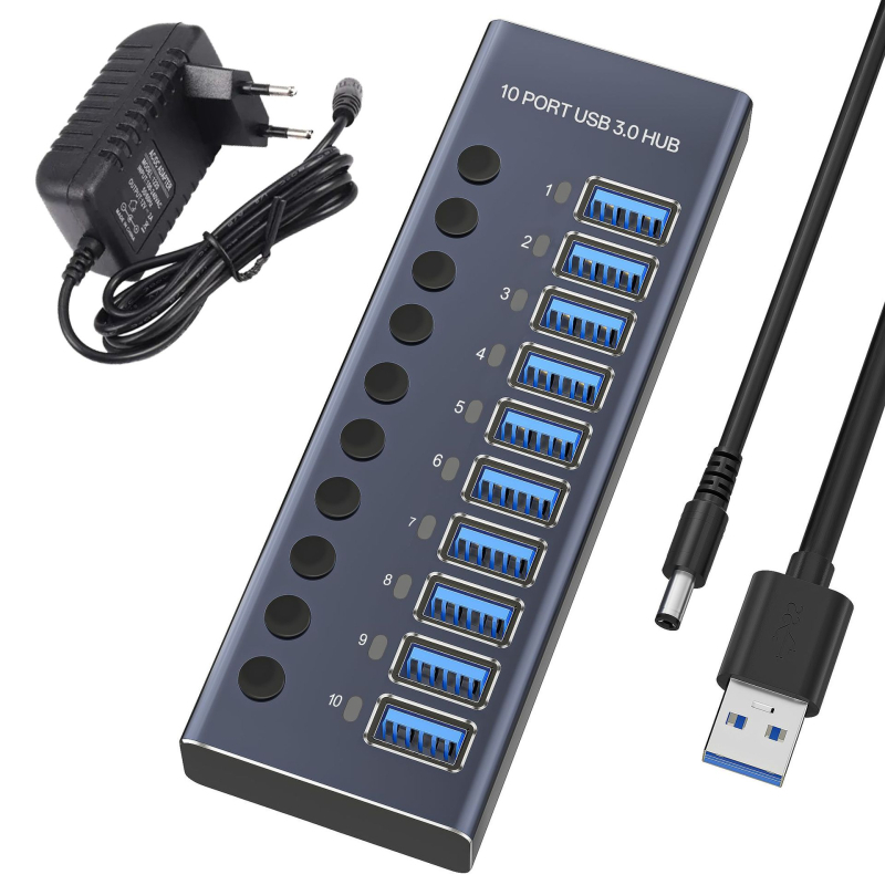 10-portni USB 3.0 hub s nezavisnim prekidačem, vanjsko napajanje, brzina prijenosa 5 Gbps, kabel duljine 1,5 m