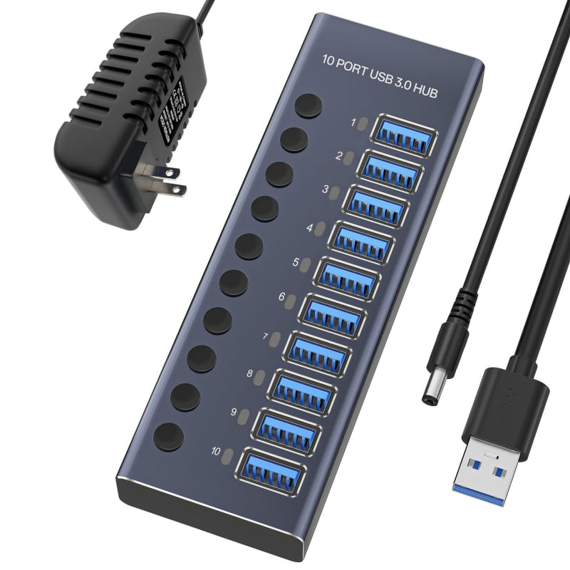 10-portni USB 3.0 hub s nezavisnim prekidačem, vanjsko napajanje, brzina prijenosa 5 Gbps, kabel duljine 1,5 m