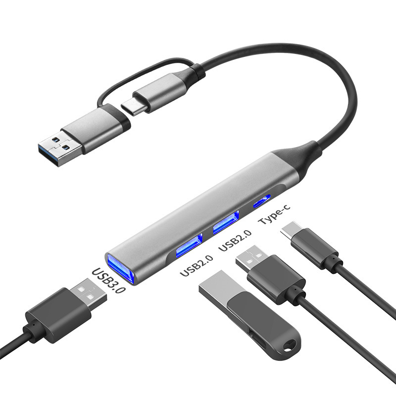 Type-C dvojhlavý rozširujúci dok 7–v–1 USB 3.0 hub pre telefón a počítač, prenos až do 5 Gbps, 1–4 porty, bez externého napájania