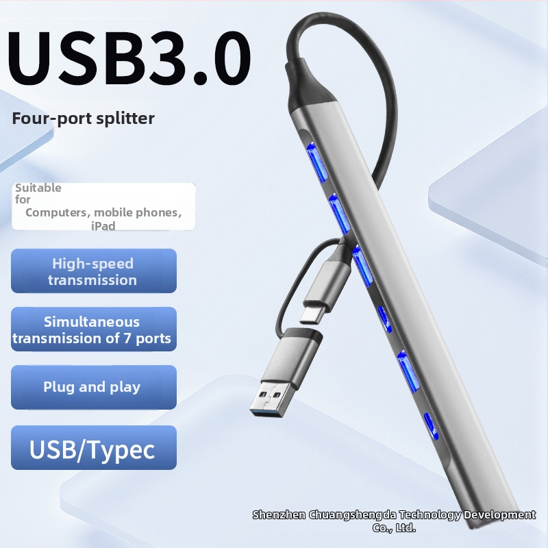 Type-C dvojhlavý rozširujúci dok 7–v–1 USB 3.0 hub pre telefón a počítač, prenos až do 5 Gbps, 1–4 porty, bez externého napájania