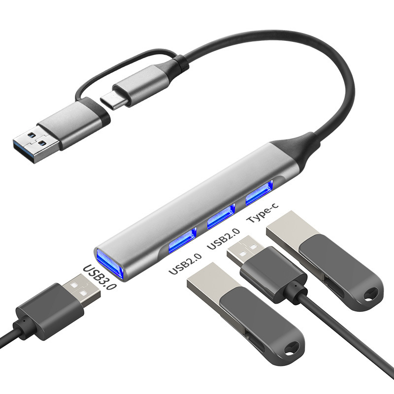 Type-C dvojhlavý rozširujúci dok 7–v–1 USB 3.0 hub pre telefón a počítač, prenos až do 5 Gbps, 1–4 porty, bez externého napájania