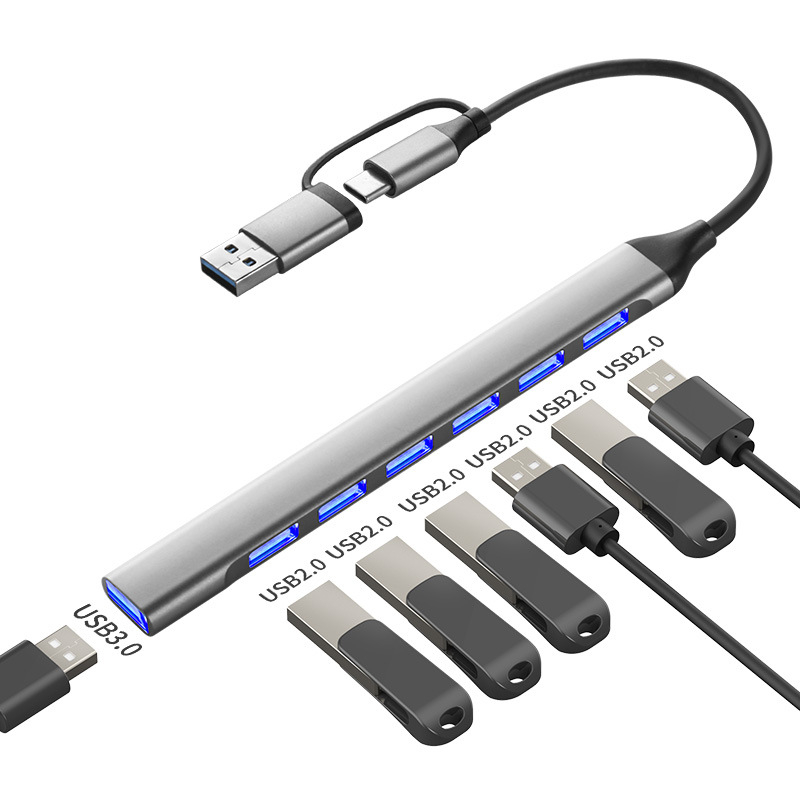 Type-C dvojhlavý rozširujúci dok 7–v–1 USB 3.0 hub pre telefón a počítač, prenos až do 5 Gbps, 1–4 porty, bez externého napájania