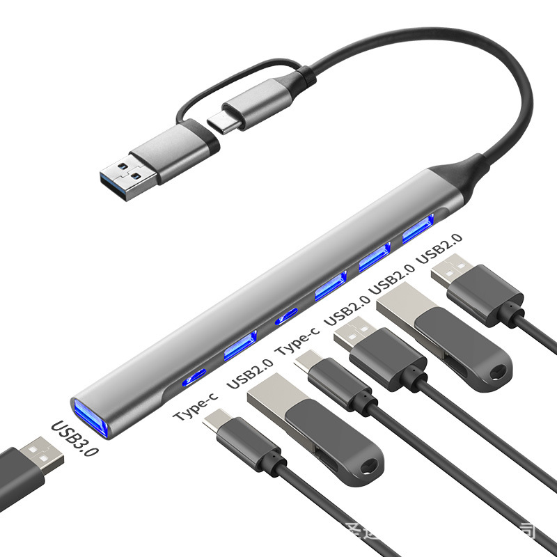 Type-C dvojhlavý rozširujúci dok 7–v–1 USB 3.0 hub pre telefón a počítač, prenos až do 5 Gbps, 1–4 porty, bez externého napájania