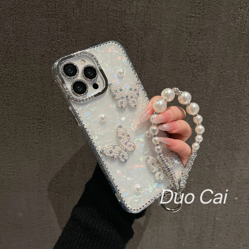 Θήκη iPhone – Σιλικόνη με ματ φινίρισμα, αντί-πτώση, σχέδιο 3D μαργαριταριών-πεταλούδας-κοχύλι, δυνατότητα προσαρμογής
