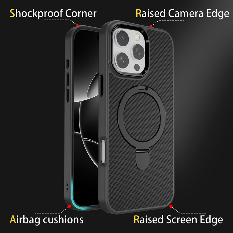 IPhone maciņš ar oglekļa šķiedras rakstu un magnētisku statīvu – izturīgs pret triecieniem, dzesēšana, saderīgs ar iPhone 12 Pro Max, 13 Pro/Max, 14 Pro/Max