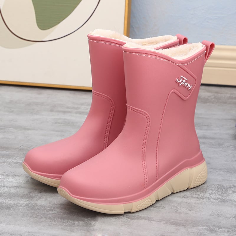 Cizme de ploaie pentru femei, până la mijlocul gambelor, talpă groasă, PVC partea superioară, toc plat (Mijloc, Talpă groasă, PVC, Toc plat)