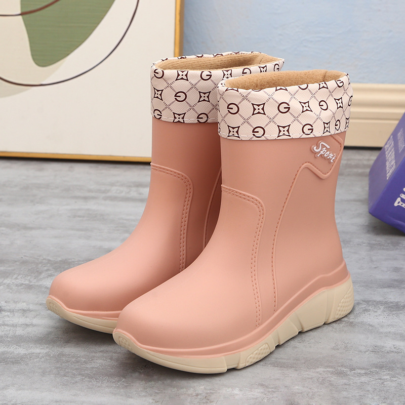 Cizme de ploaie pentru femei, până la mijlocul gambelor, talpă groasă, PVC partea superioară, toc plat (Mijloc, Talpă groasă, PVC, Toc plat)