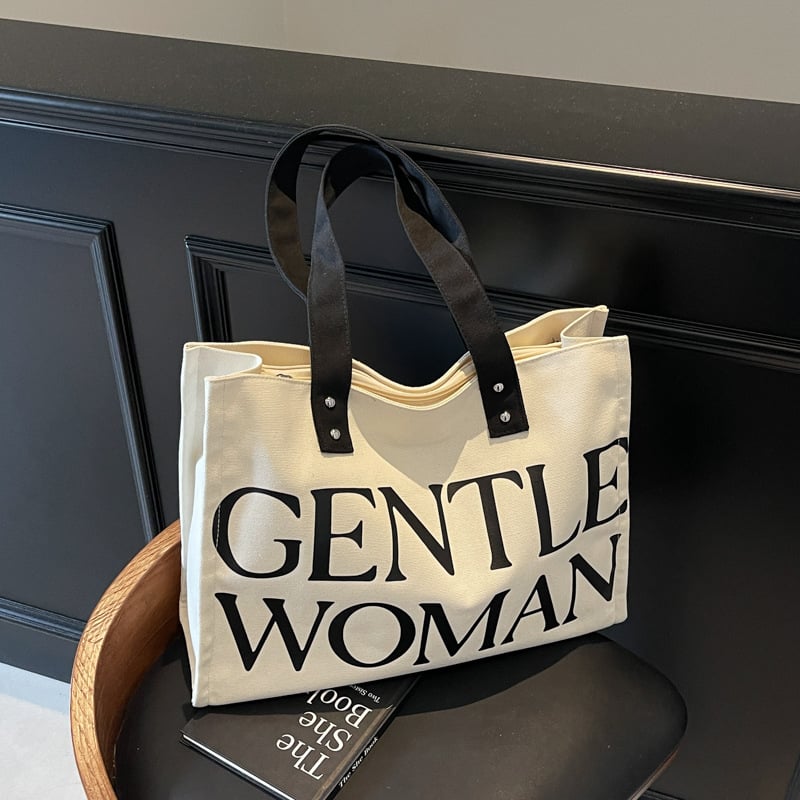 Gentlewoman Geantă tote din pânză — formă orizontală pătrată, fermoar, căptușeală din poliester, buzunar intern pentru telefon, bretele duble, utilizare zilnică, primăvara 2025