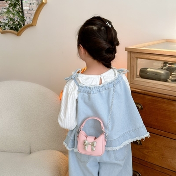 Geantă pentru copii cu funda, pe umăr — PU ușoară, fără căptușeală, pentru fetițe, utilizare zilnică la grădiniță