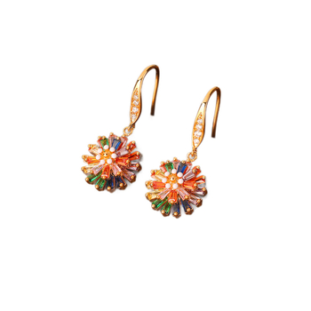 Rainbow Daisy set nakita Aini beni — naušnice, lančić i dodaci za ruke; bakar, dijamantno postavljanje, clavicle lanac, privjesak s mješavinom kamenja, cvjetni motiv