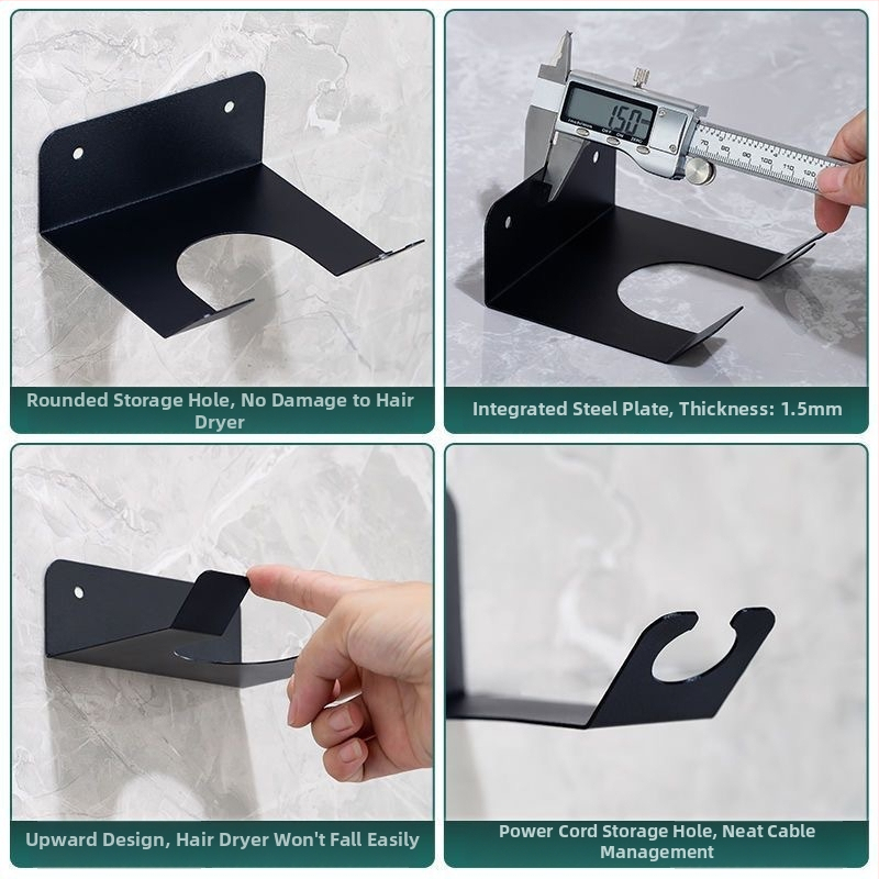 Raft de depozitare pentru uscător de păr, din oțel inoxidabil – montare fără găuri, design cu înfășurare a cablului, pentru baie și dormitor (Weisason, simplitate modernă, 2024)