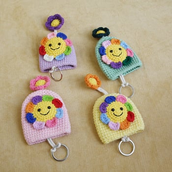 Χειροποίητη πλεκτή θήκη για κλειδιά με φλοράλ μοτίβο, μαλλί, πορτοφόλι με ένα φύλλο.