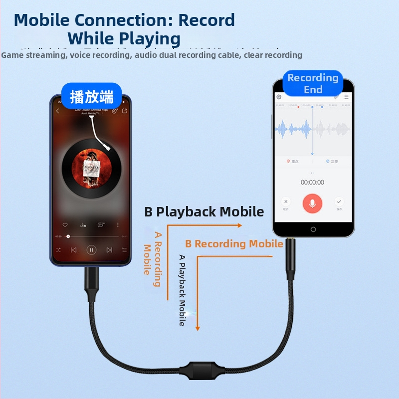 Digital Fox zvukový záznamový kábel, dvojhlavý, 3,5 mm samčie–samčie a USB Type-C obojsmerný konektor