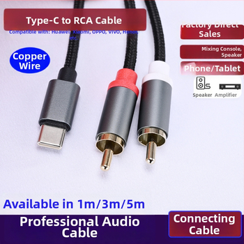 Type-C na dvojité RCA audio kábel pre Huawei a Xiaomi – pripojenie k zosilňovaču a reproduktorom (Type-C na dvojité RCA; jadro: CCA; vodič: bezoxidačný meď)