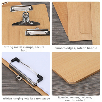 Drevený klipboard na dokumenty a testovacie papiere – materiál: drevo; typ: jednotný upínací klip; hrúbka platne: 180; veľkosť upnutia: 10 cm; vhodné formáty papiera: A4/A5